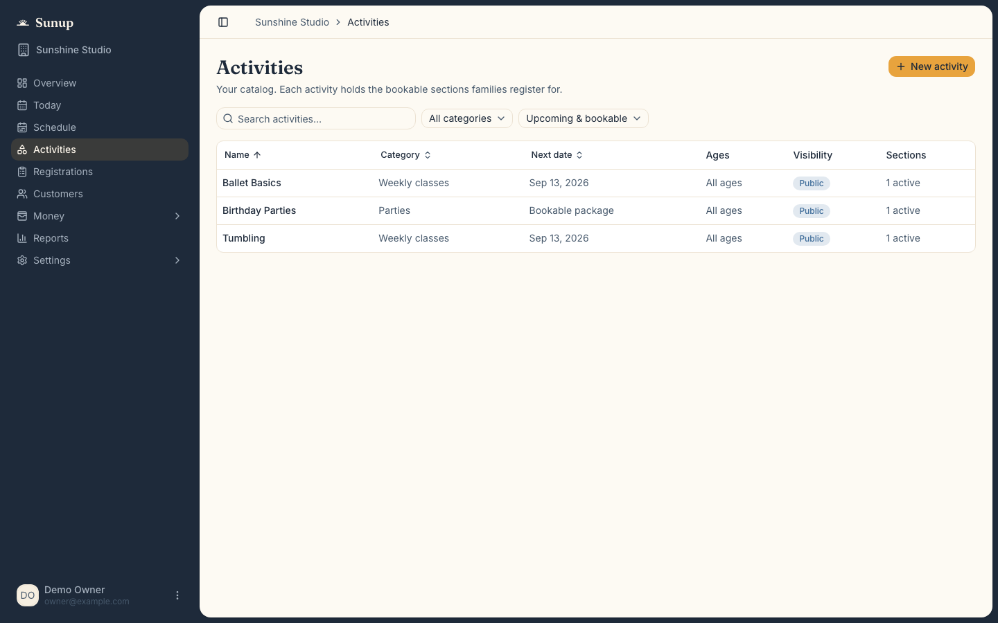 Sunup activities and sections screen