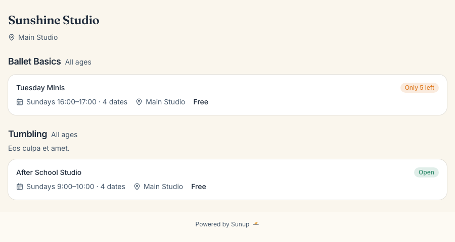 Sunup booking widget showing one activity category