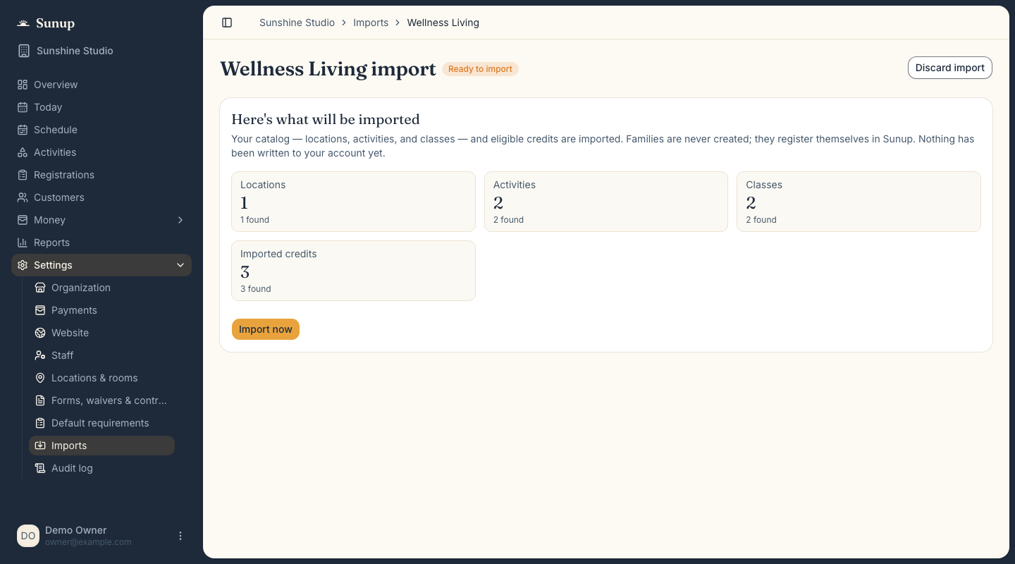 Sunup import review with matched credits