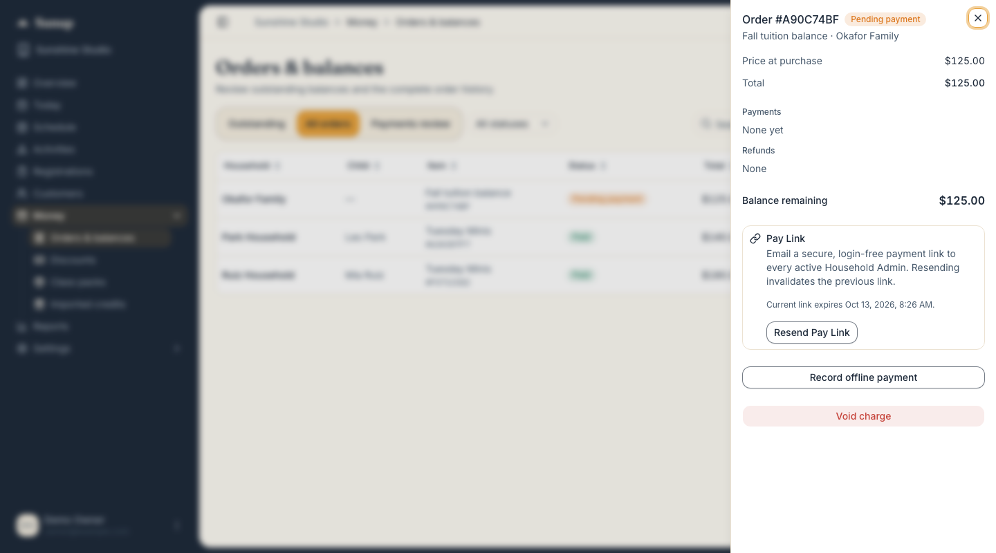 Sunup order showing a balance and Pay Link