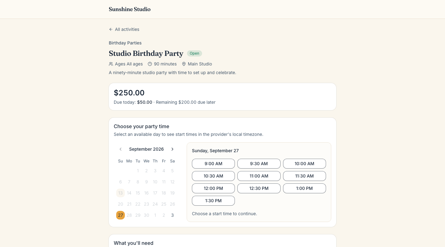 Sunup party package availability