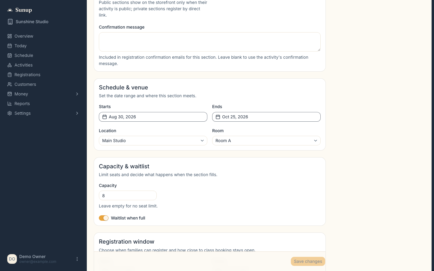Sunup section editor showing dates and capacity