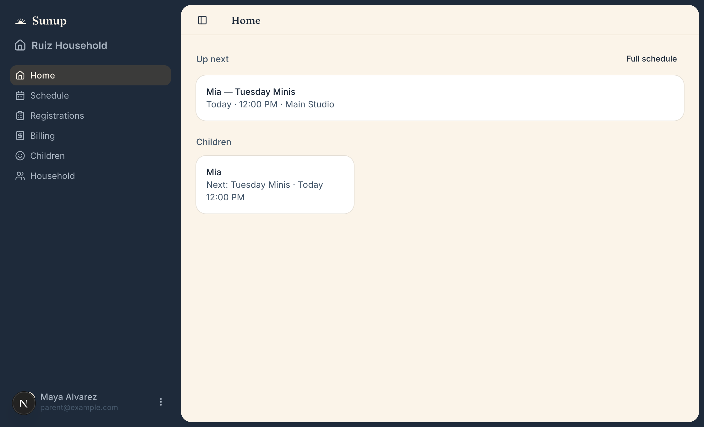The Sunup parent portal showing a family's schedule and balances