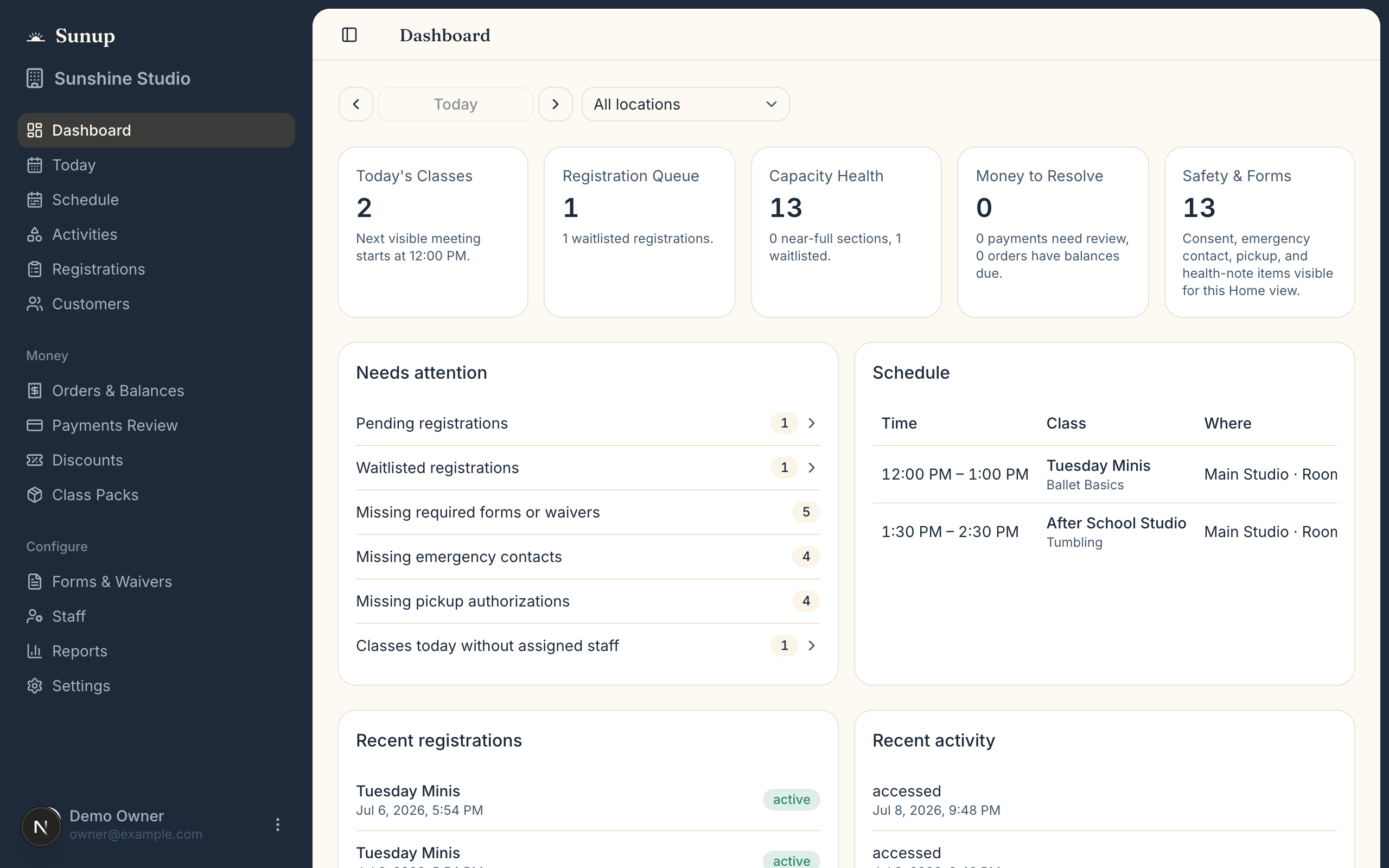 The Sunup provider dashboard showing today's classes, enrollment, and revenue
